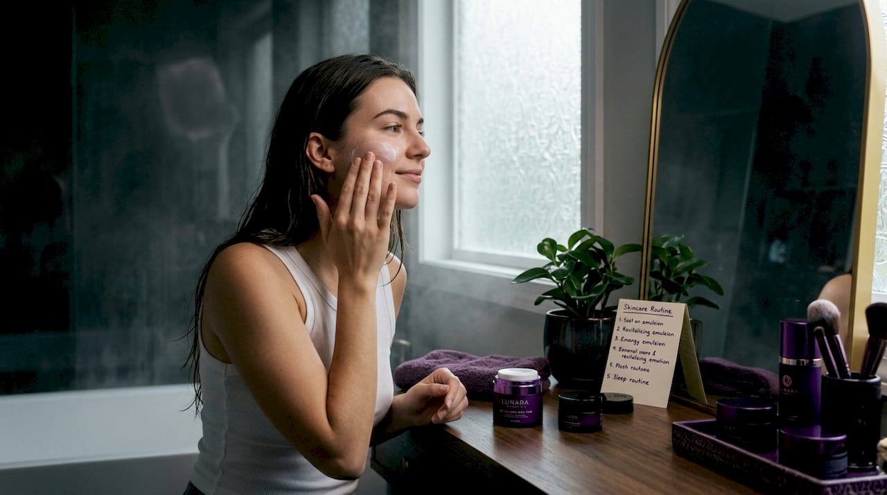 Woman applying emulsion in sunny bedroom