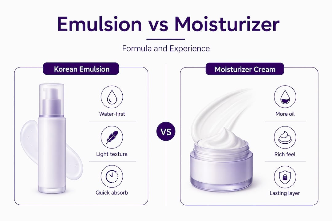 Infographic comparing Korean emulsions and moisturizers