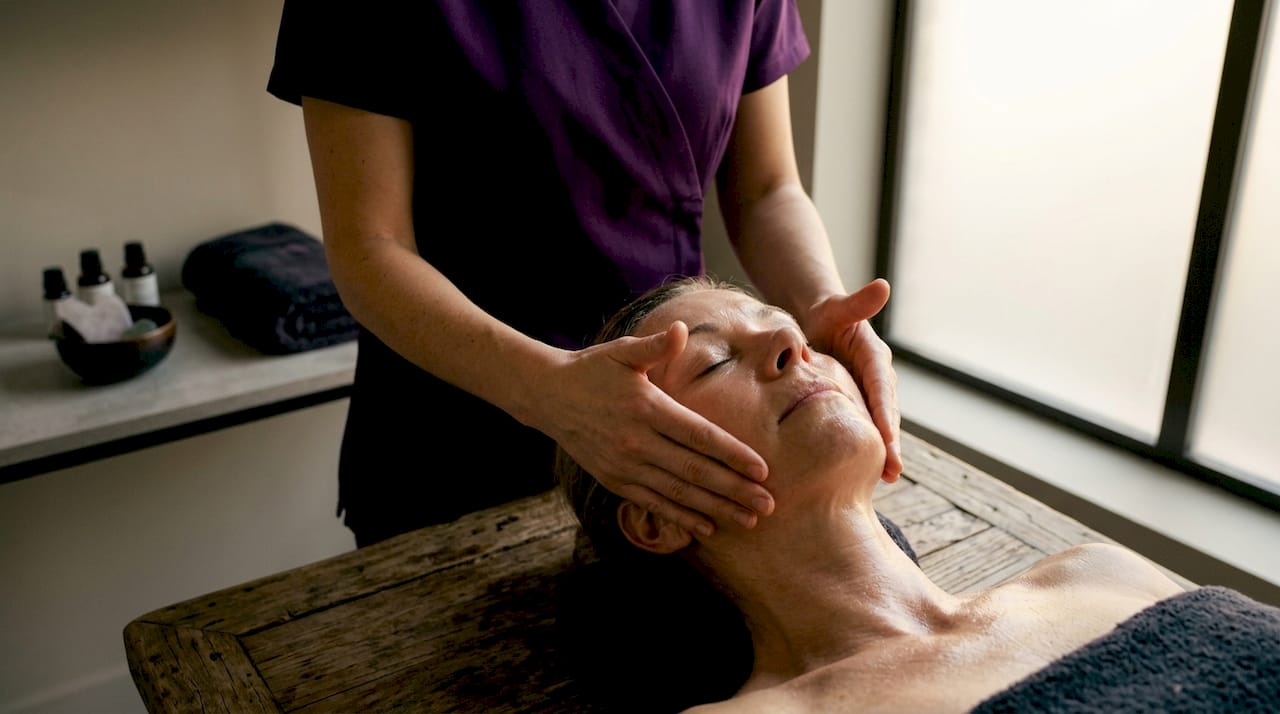 Hands applying Korean lymphatic massage on face