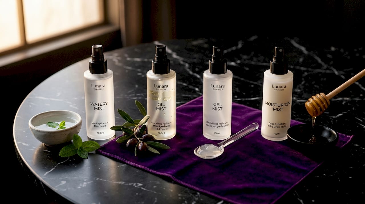 Flat lay of four Korean facial mist types with key ingredients