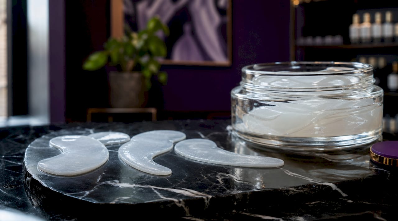 Close-up of translucent hydrogel eye patches on tray