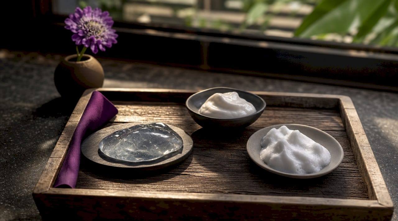 Close-up of different skincare product textures on tray