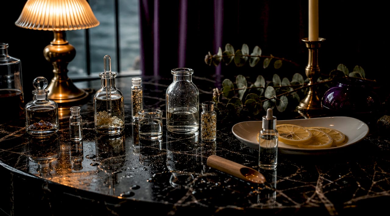 Close-up of brightening serum ingredients and tools