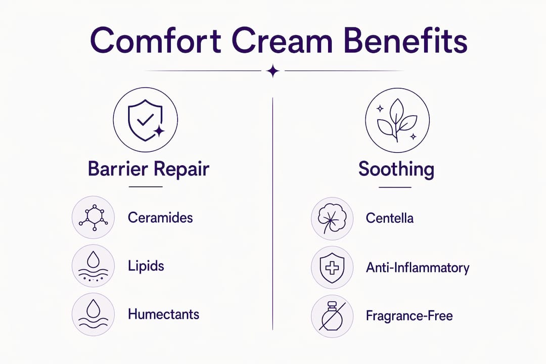 Infographic comparing barrier repair and soothing benefits of comfort creams