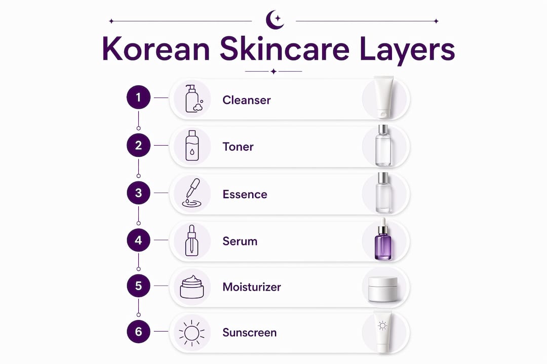 Step-by-step Korean skincare layering infographic