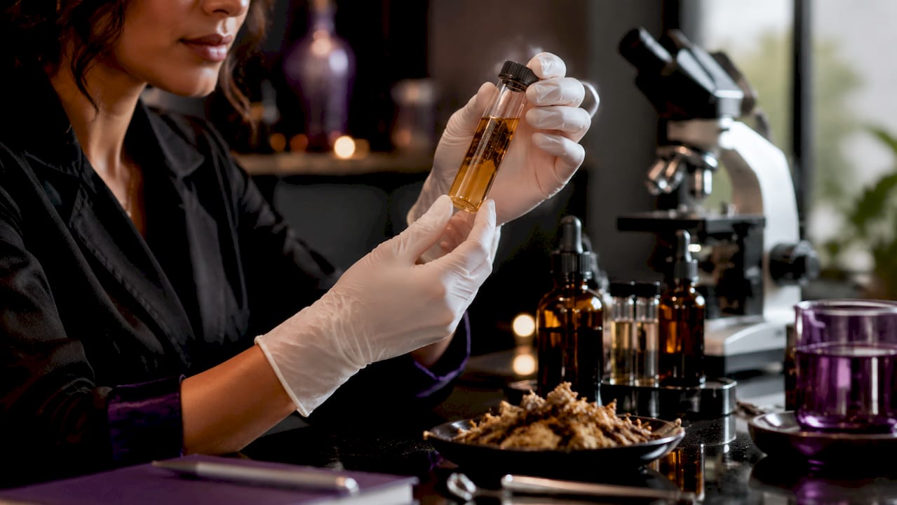 Scientist examining propolis extract in lab
