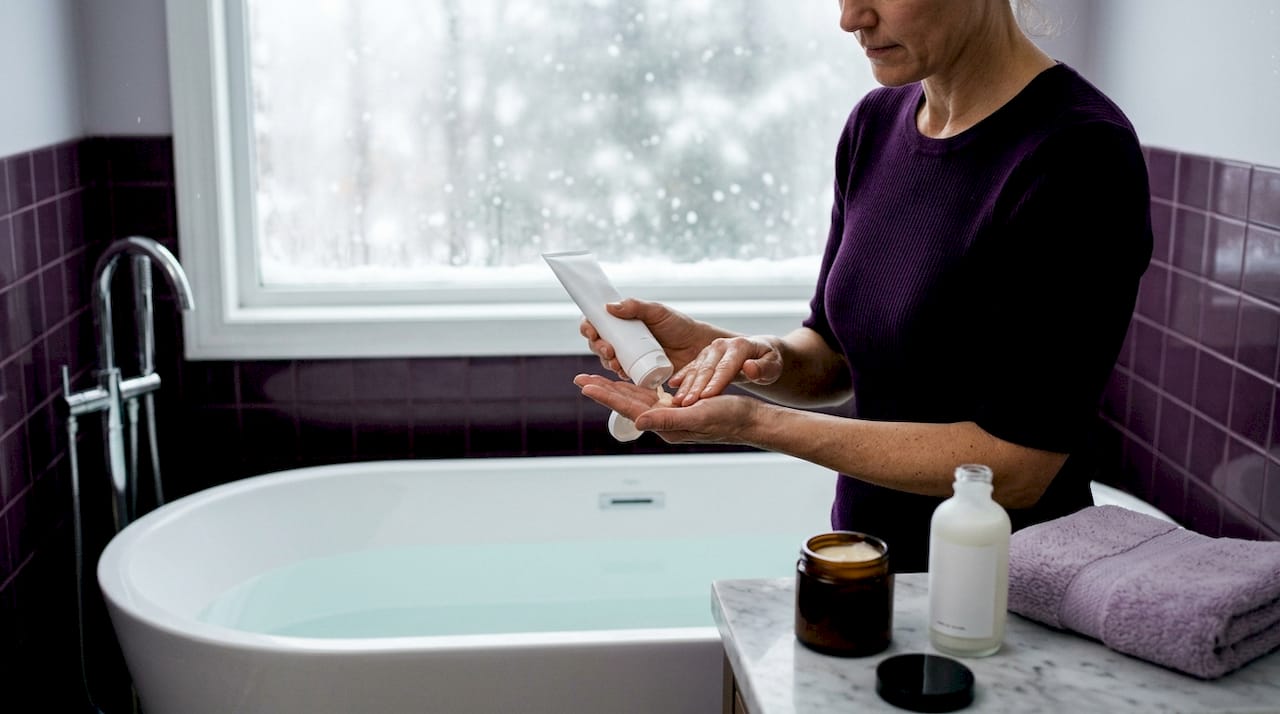 Hands dispensing gentle cleanser over sink