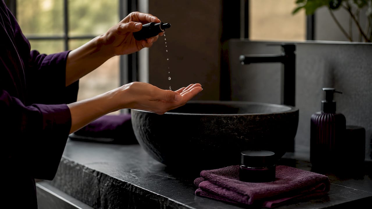 Hands applying serum over ceramic sink