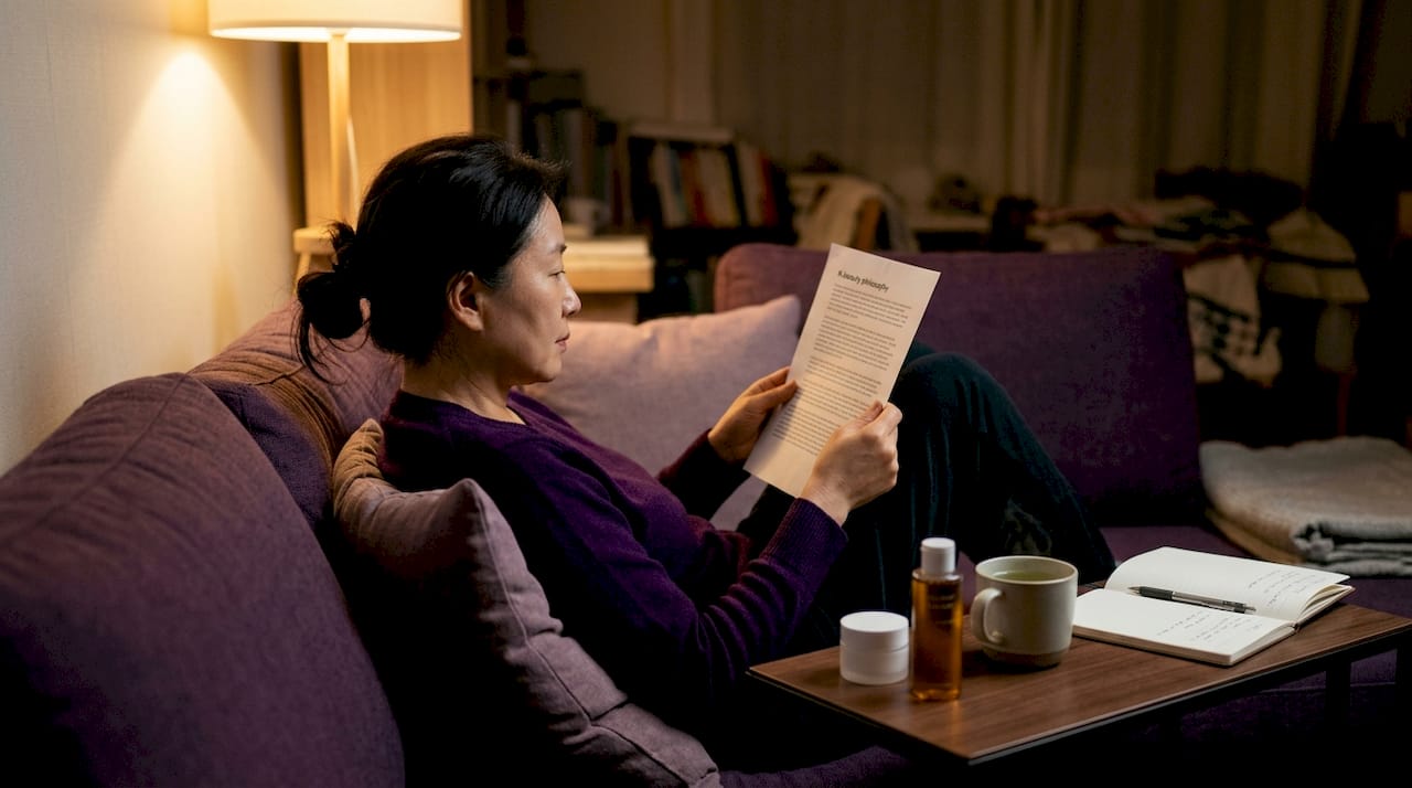 Woman reading K-beauty philosophy with skincare products