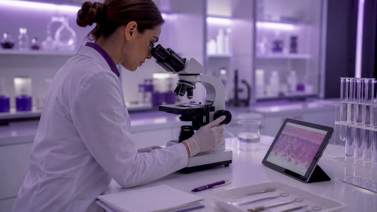 Dermatology lab hands working with collagen sample