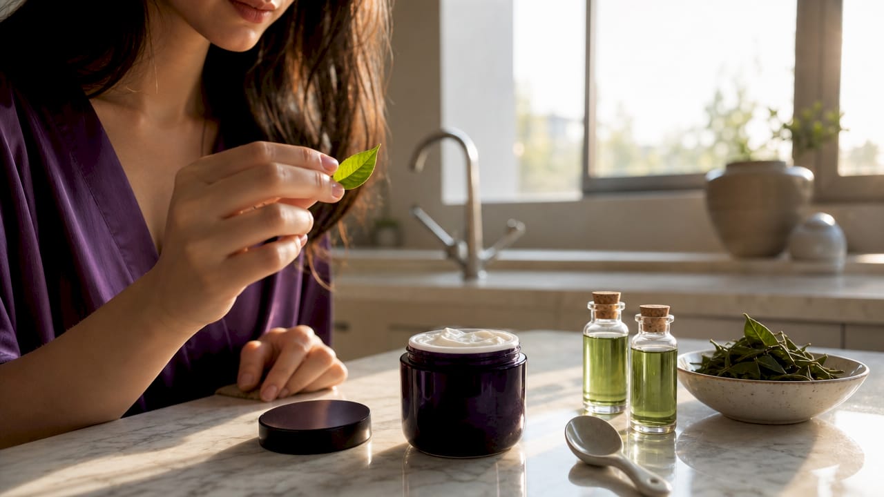 Green tea leaves and K-beauty cream close-up