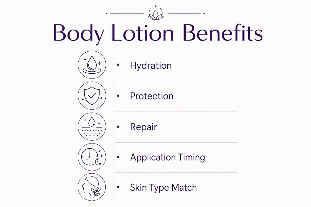 Infographic illustrating key benefits and use tips of body lotion