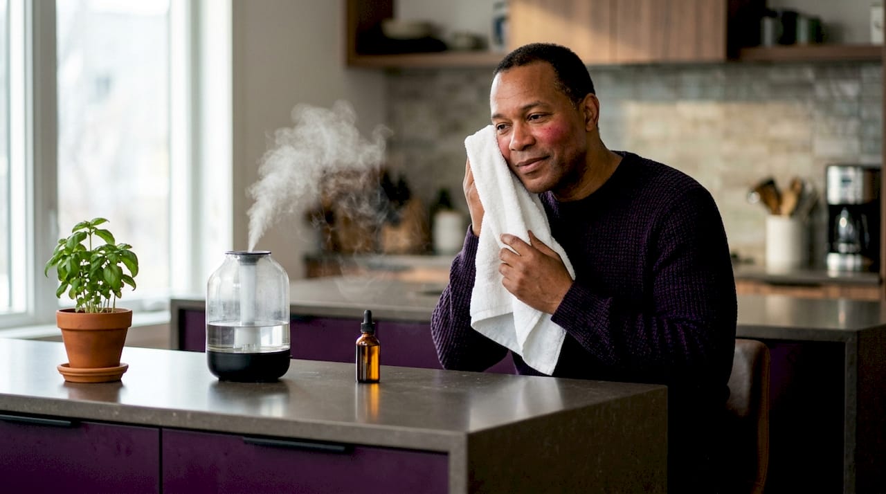 Man patting face post steam treatment