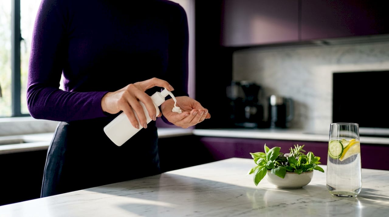 Hands holding sunscreen over bathroom counter