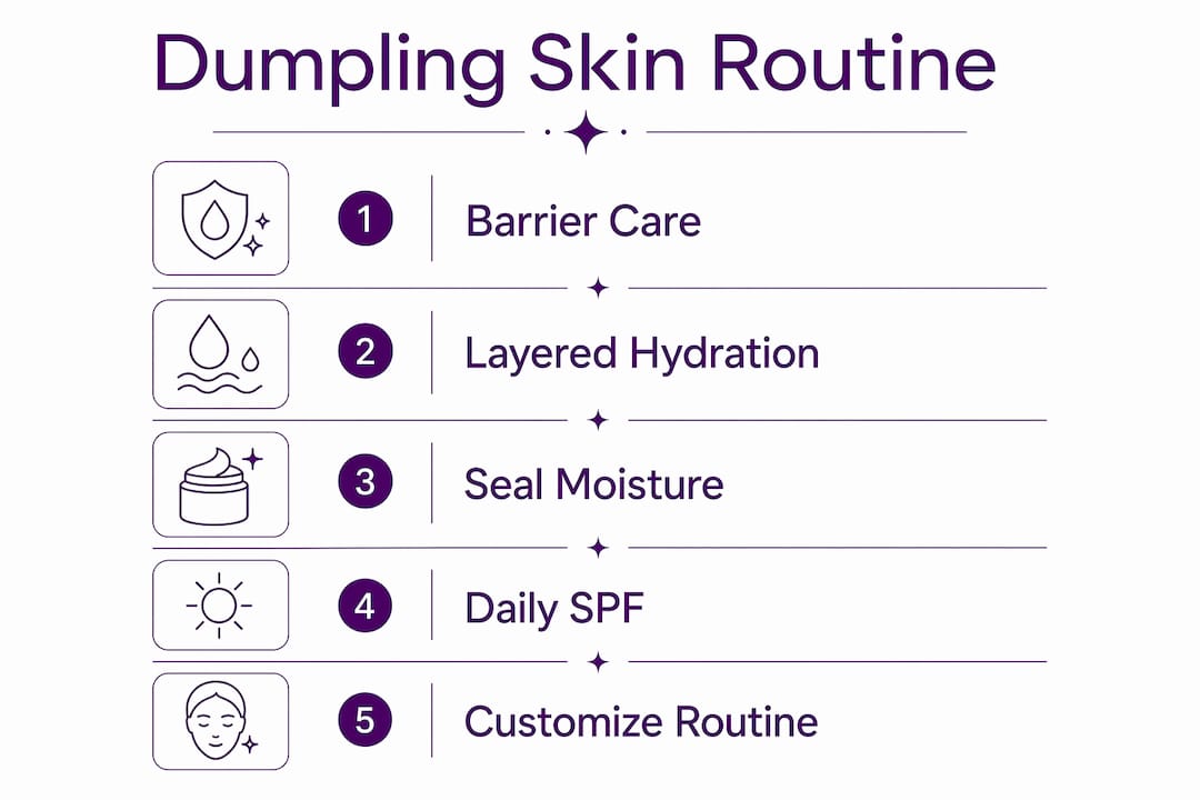 Infographic illustrating five steps of dumpling skin routine
