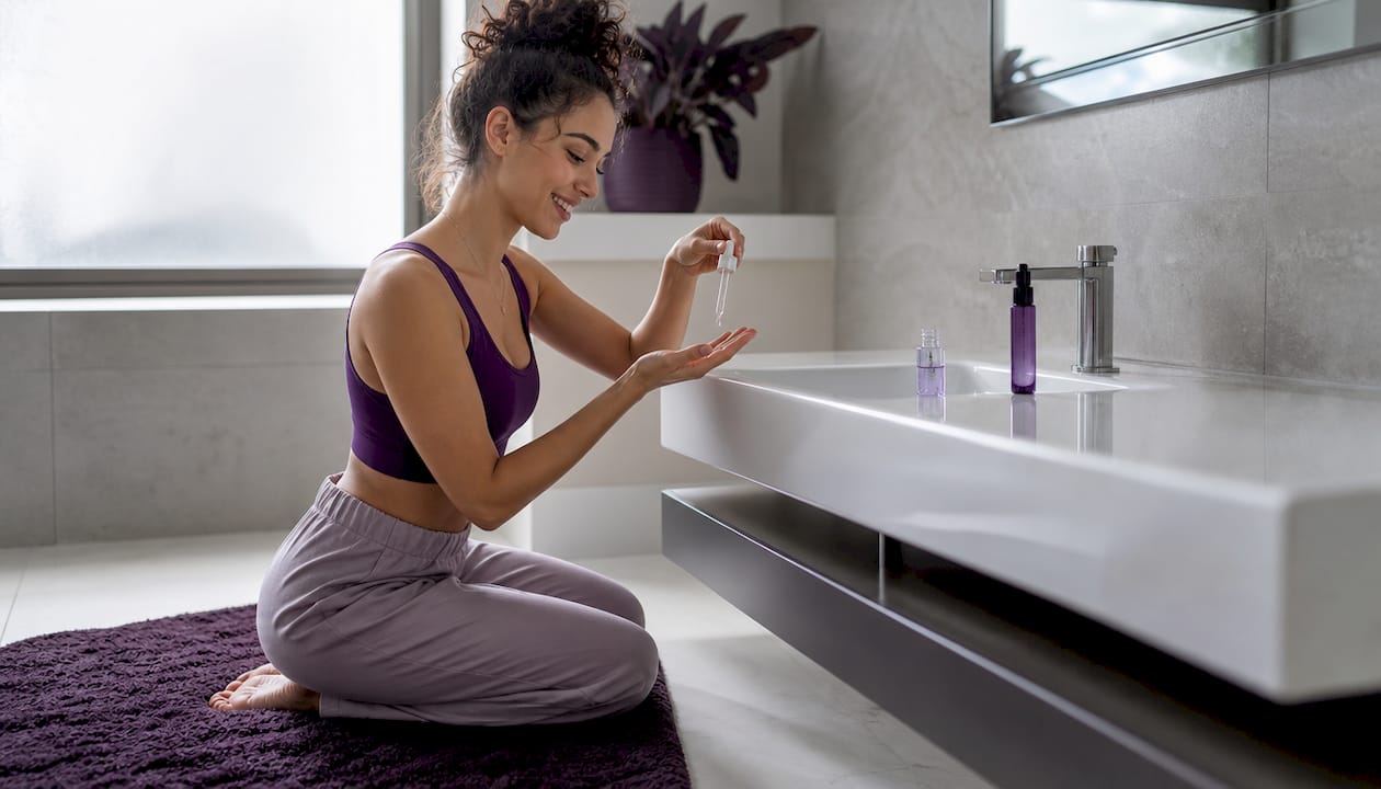 Hands holding dropper applying skincare serum