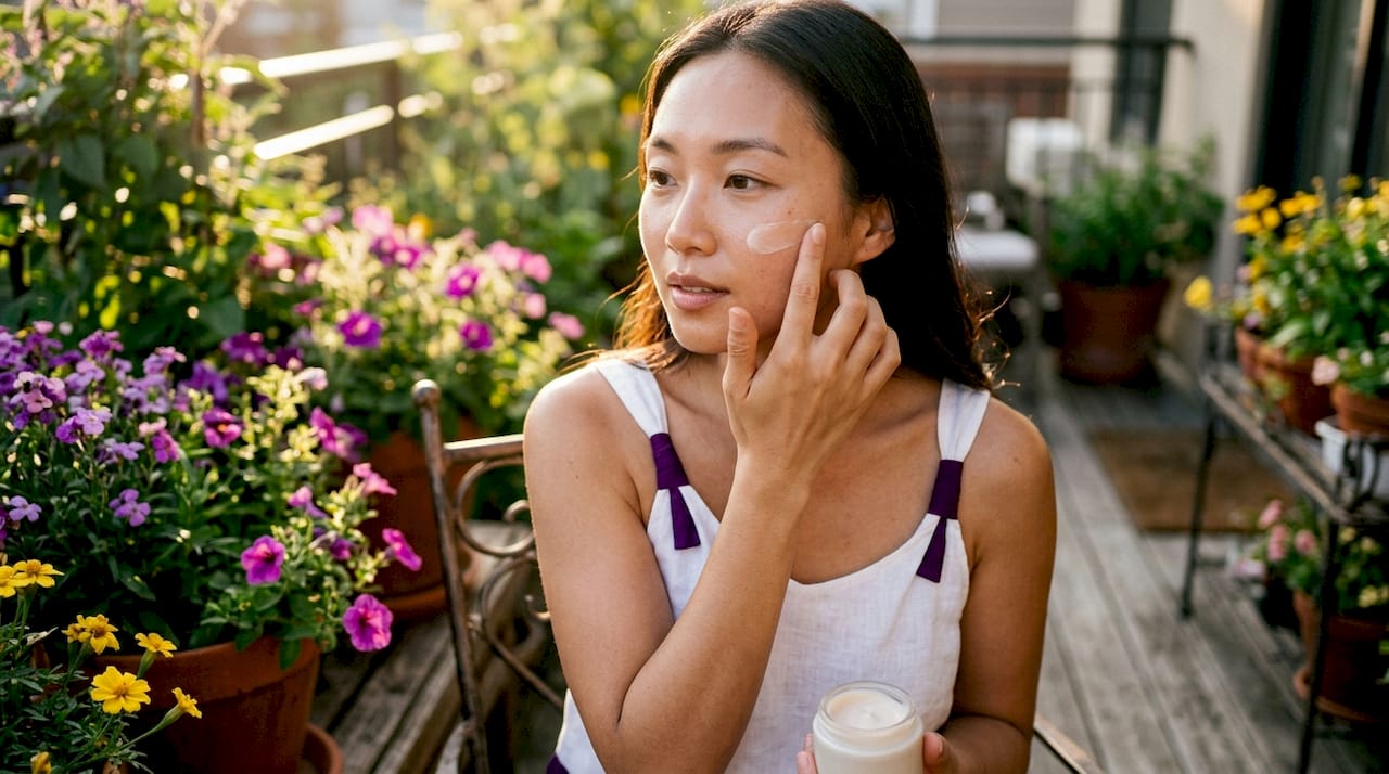 Woman applying lightweight Korean sunscreen on face