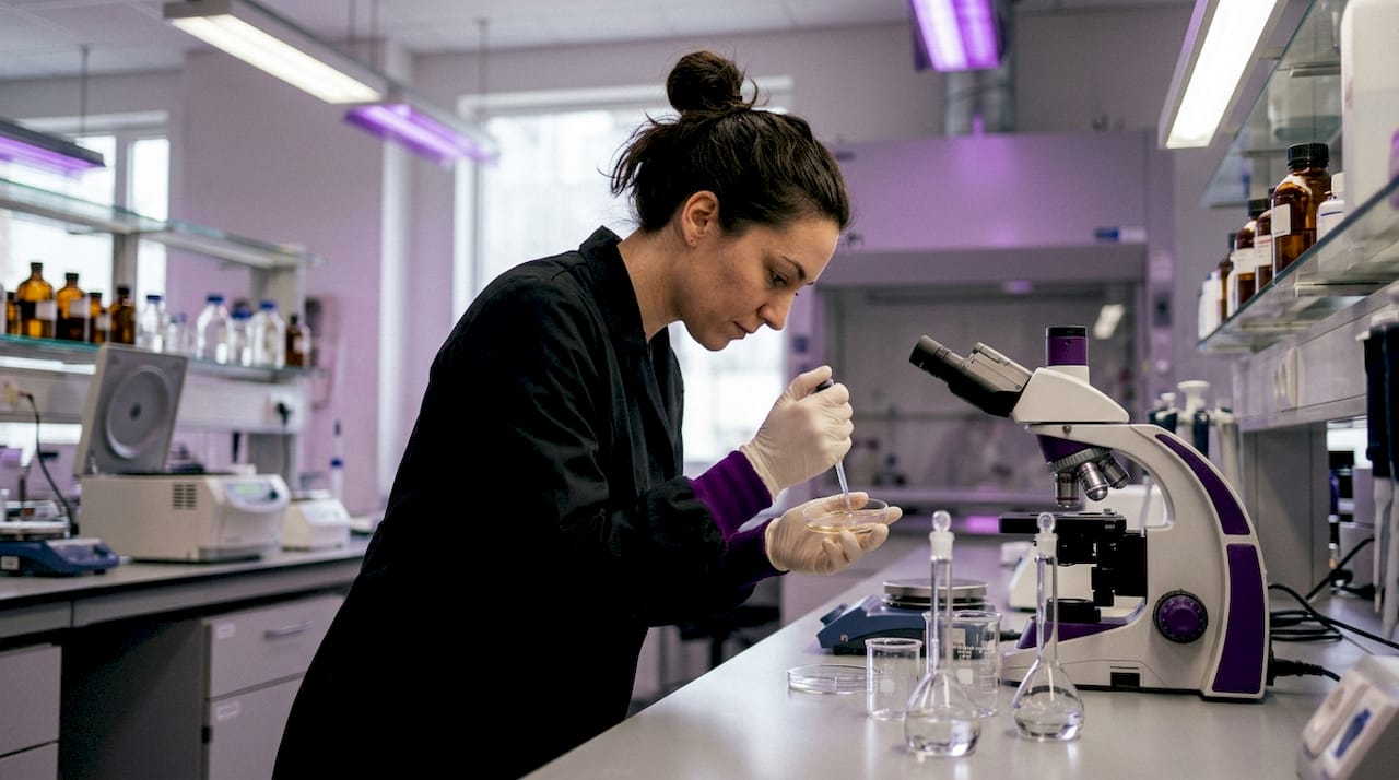 Scientist examining skincare serum in lab