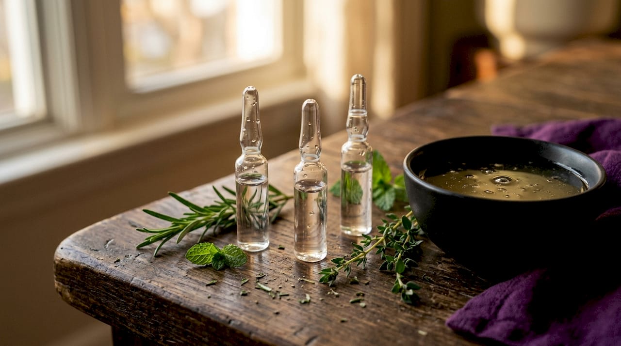 Close-up of peptide ampoules and serum with leaves