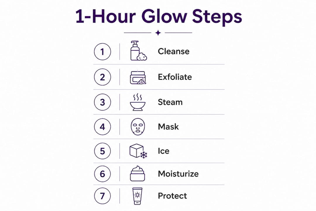 Infographic illustrating 1-hour glowing skin routine steps