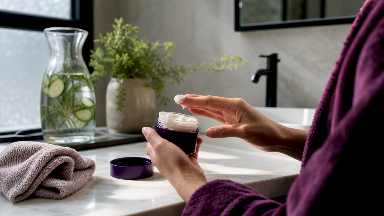 Hands holding moisturizer jar on wooden vanity