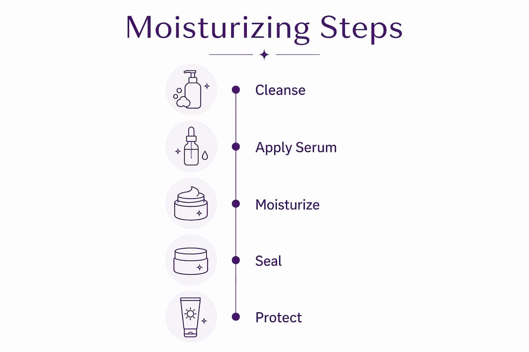 Infographic depicting moisturizing steps for skin hydration