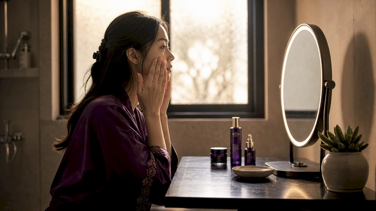 Woman gently applying Korean skincare essence