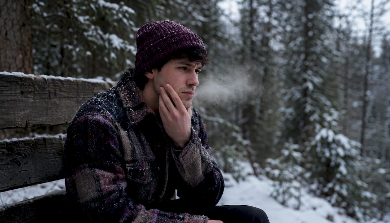 Man touching dry skin in cold winter outdoors