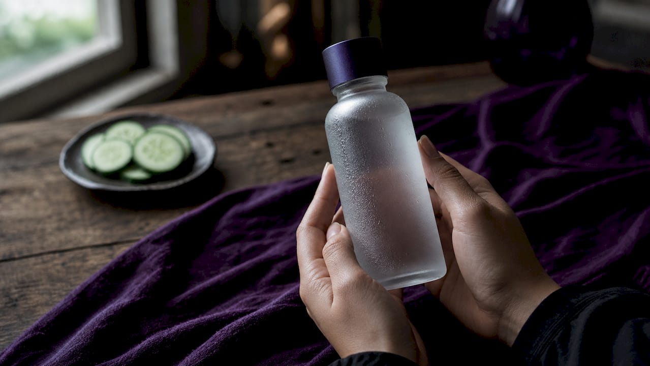 Hands holding hydrating toner bottle