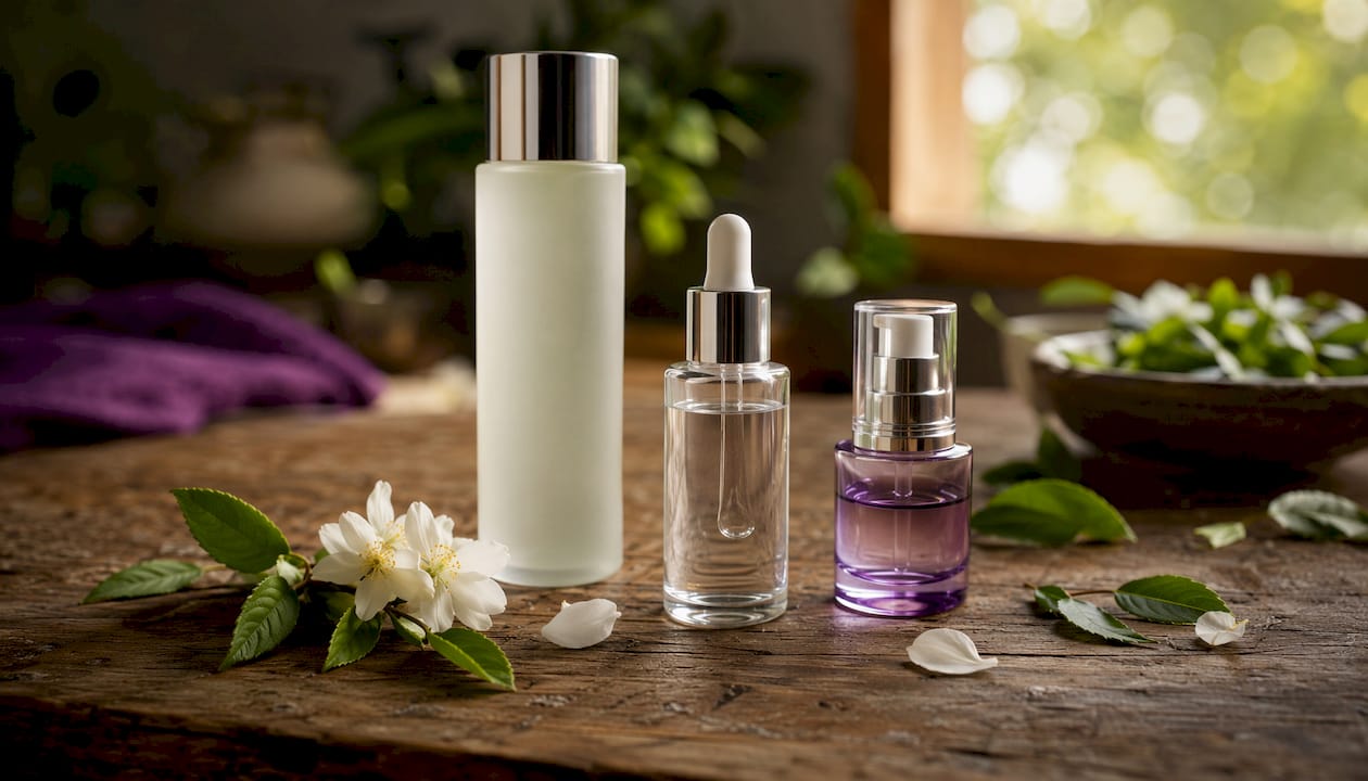 Flat lay of toner, essence, and serum bottles