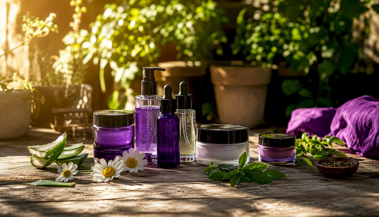 Flat lay of skincare products for various skin types
