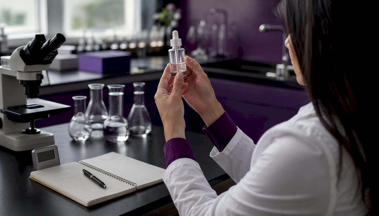 Dermatologist holding serum vial in clinical setting
