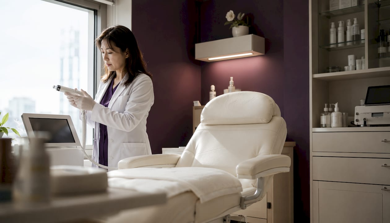 Esthetician preparing Korean skin treatment device