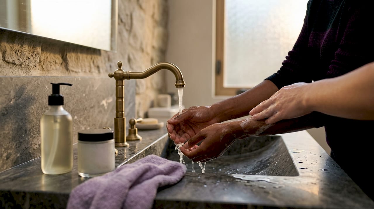 Hands rinsing cleanser foam over sink
