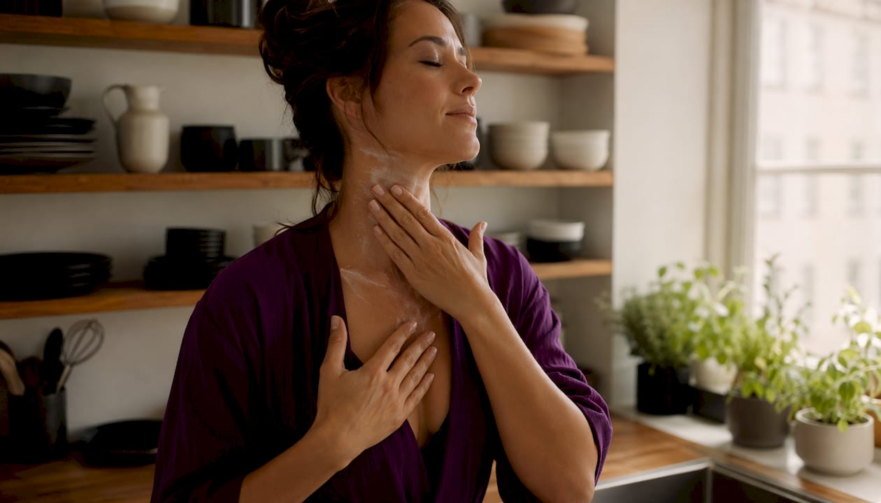 Woman applying hydrating neck cream
