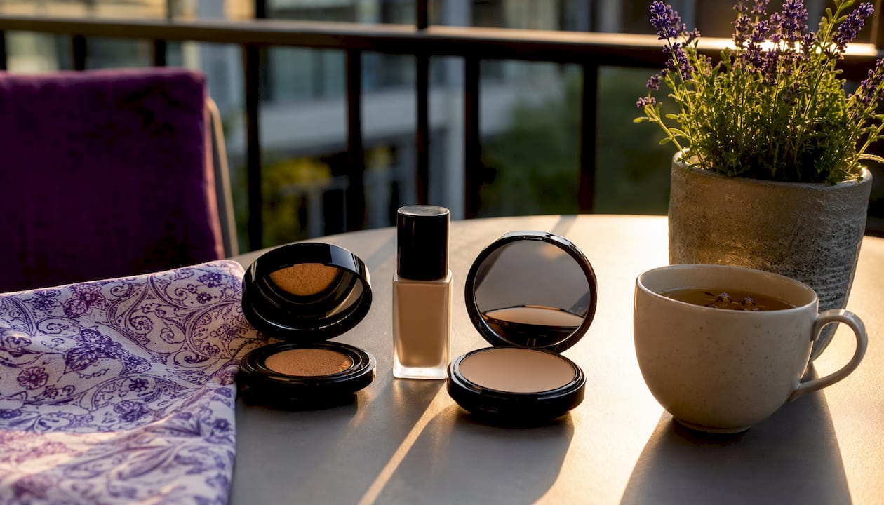 Korean foundation format products on bathroom counter