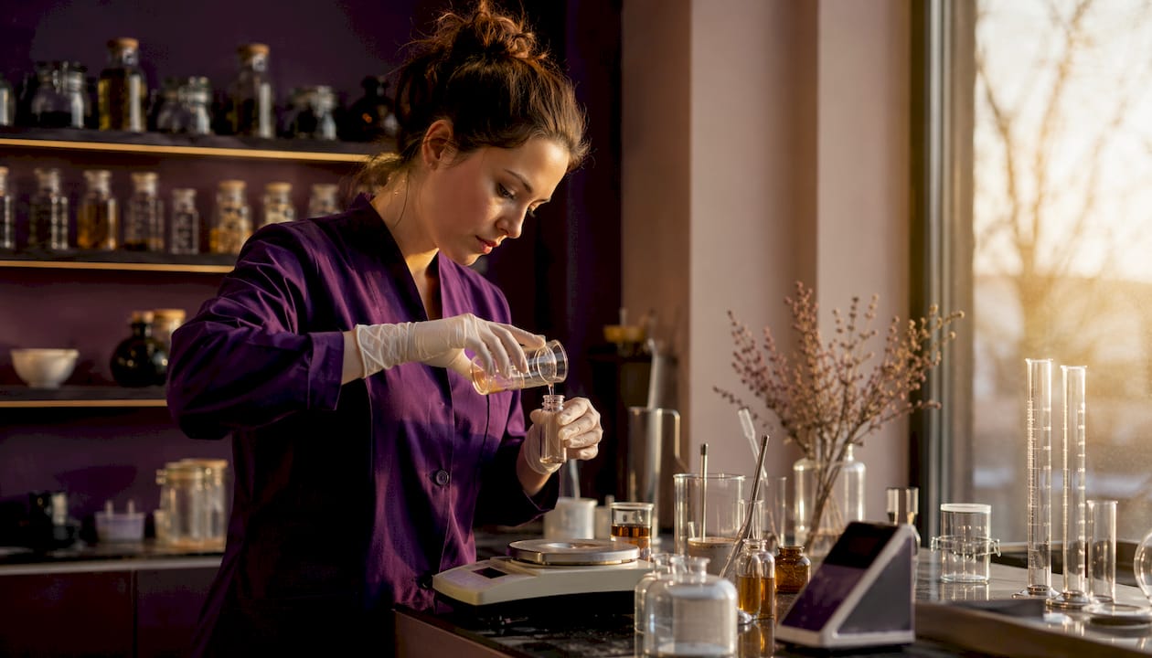 Skincare scientist formulating Korean foundation ingredients