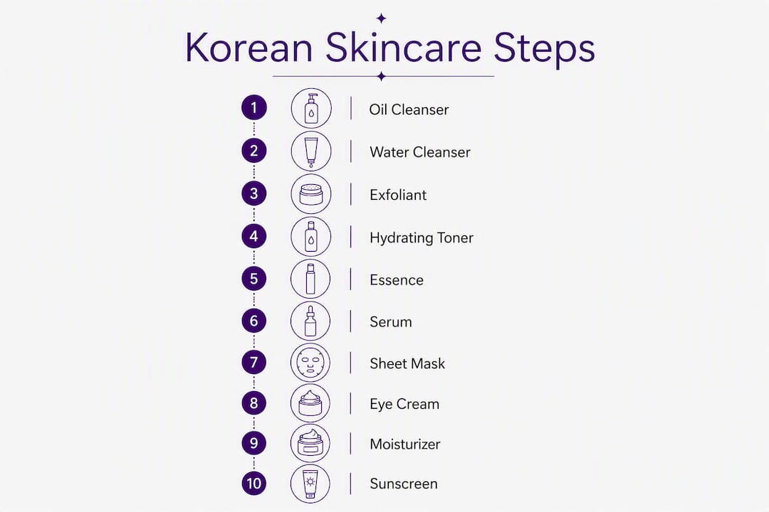 Infographic showing 10 steps of Korean skincare routine