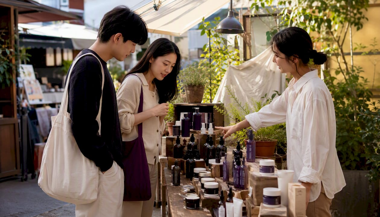 Couple shopping indie skincare in boutique