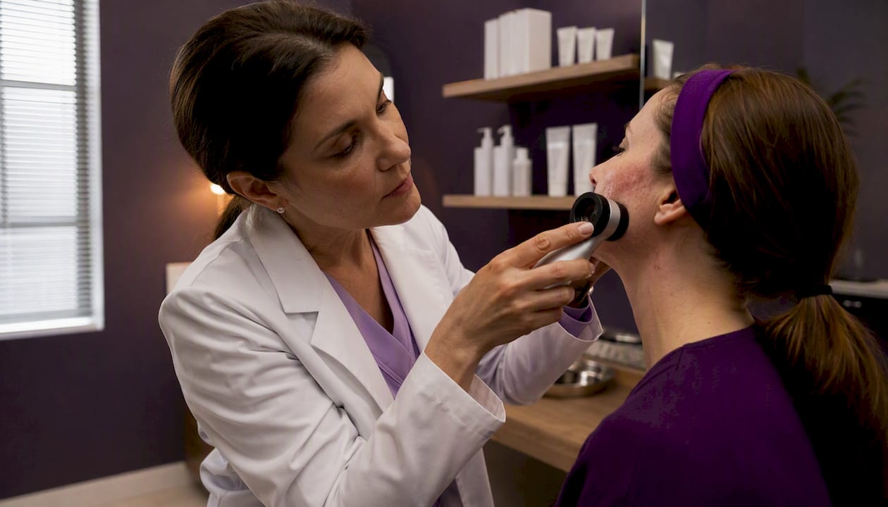 Dermatologist examining patient's sensitive skin