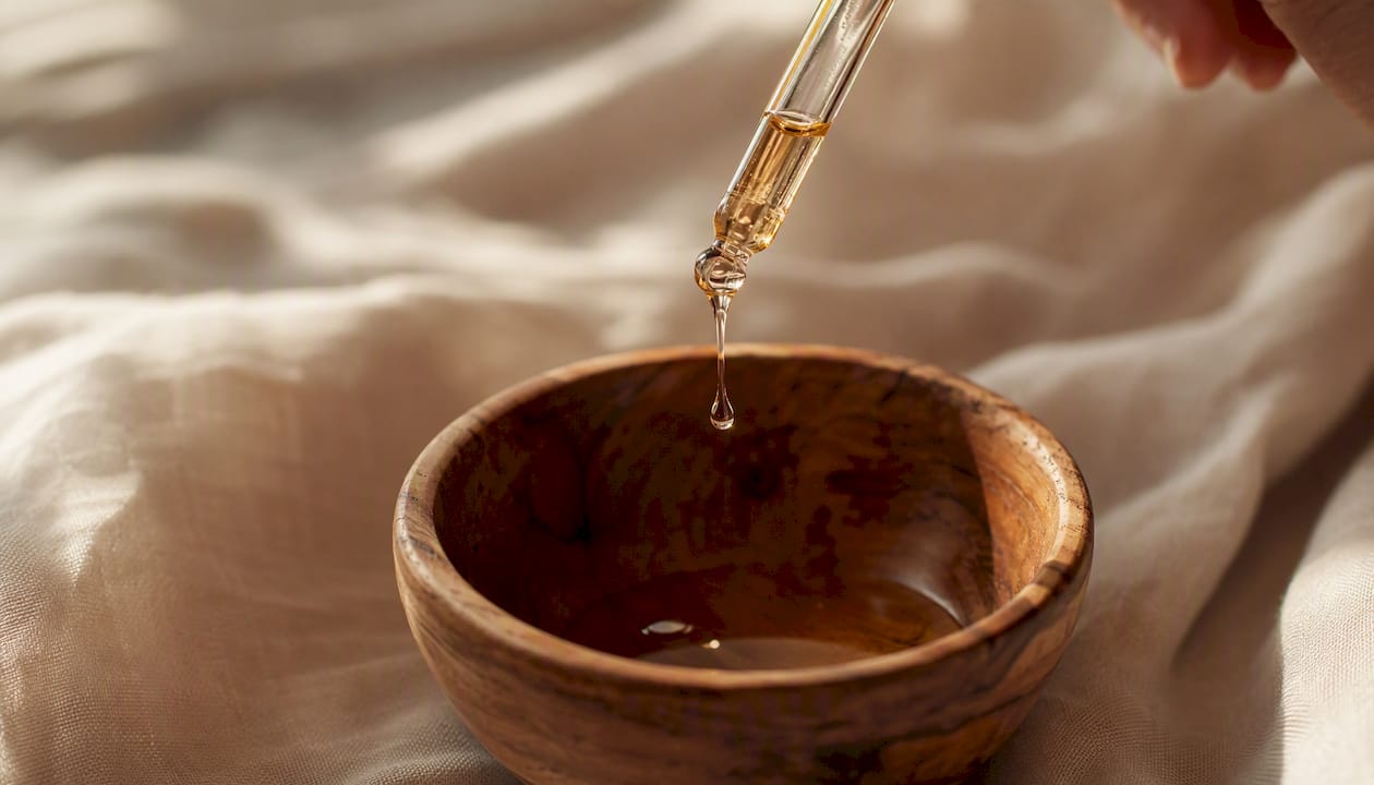 Drop of botanical body oil falling from dropper
