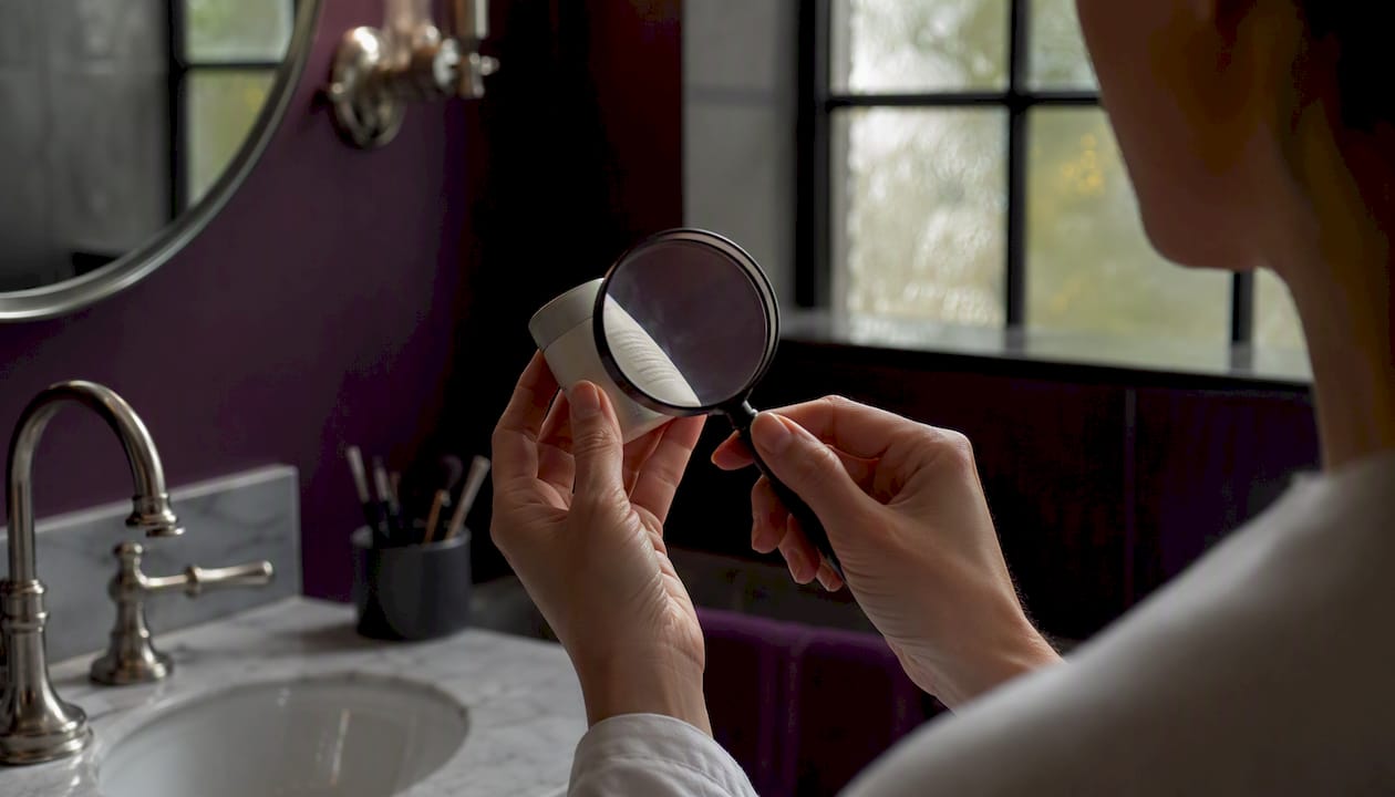 Hands examining skincare ingredient label