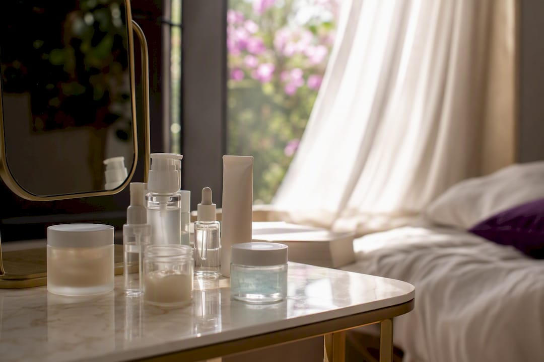 Skincare bottles on vanity with seasonal plants