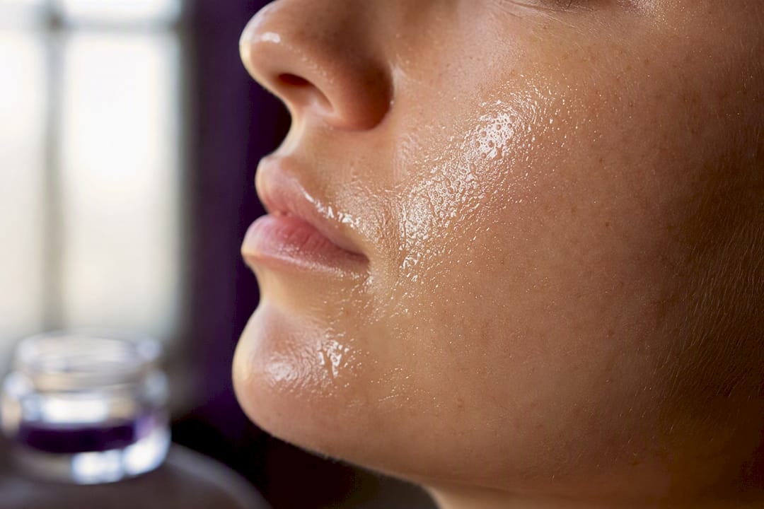 Close-up of hydrated skin with moisture film