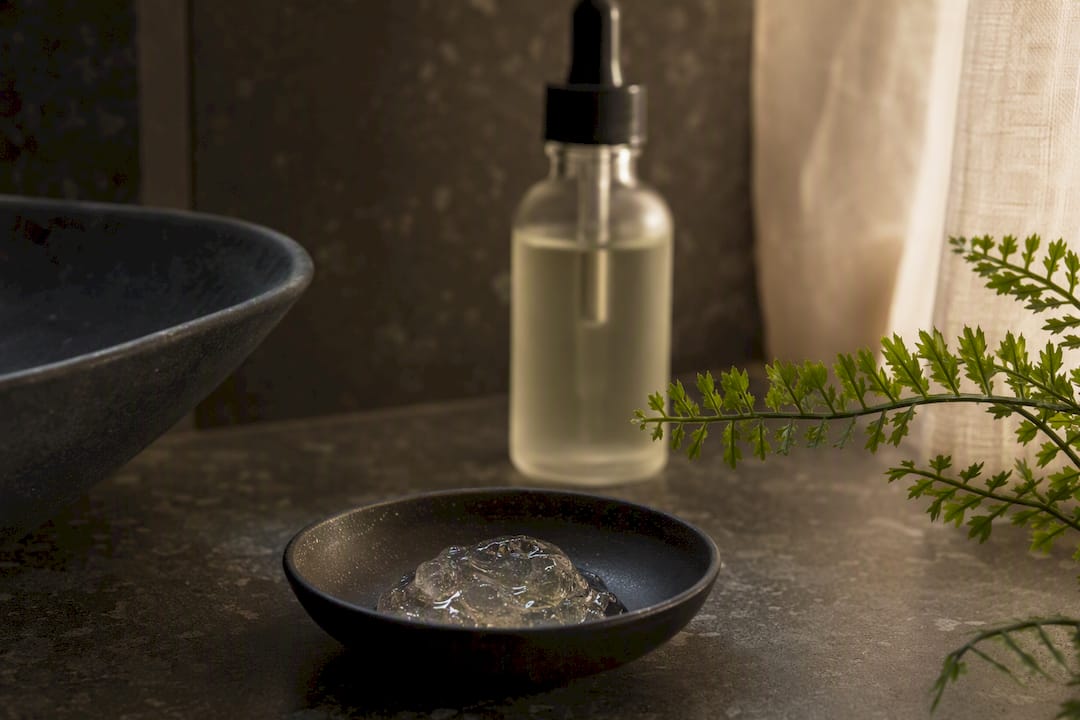 Glass bowl with translucent snail mucin gel on vanity