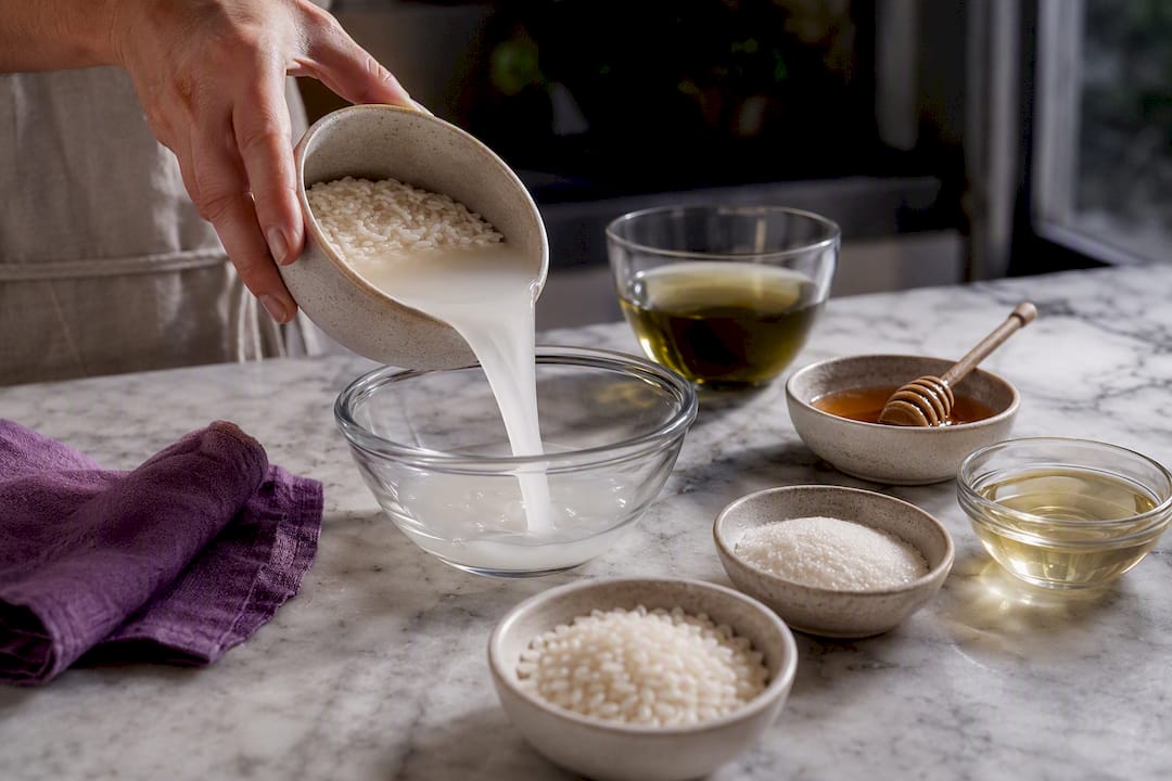 Rice water tea honey and scrub ingredients