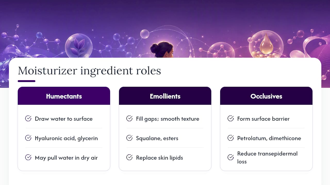 Three moisturizer ingredient functions compared
