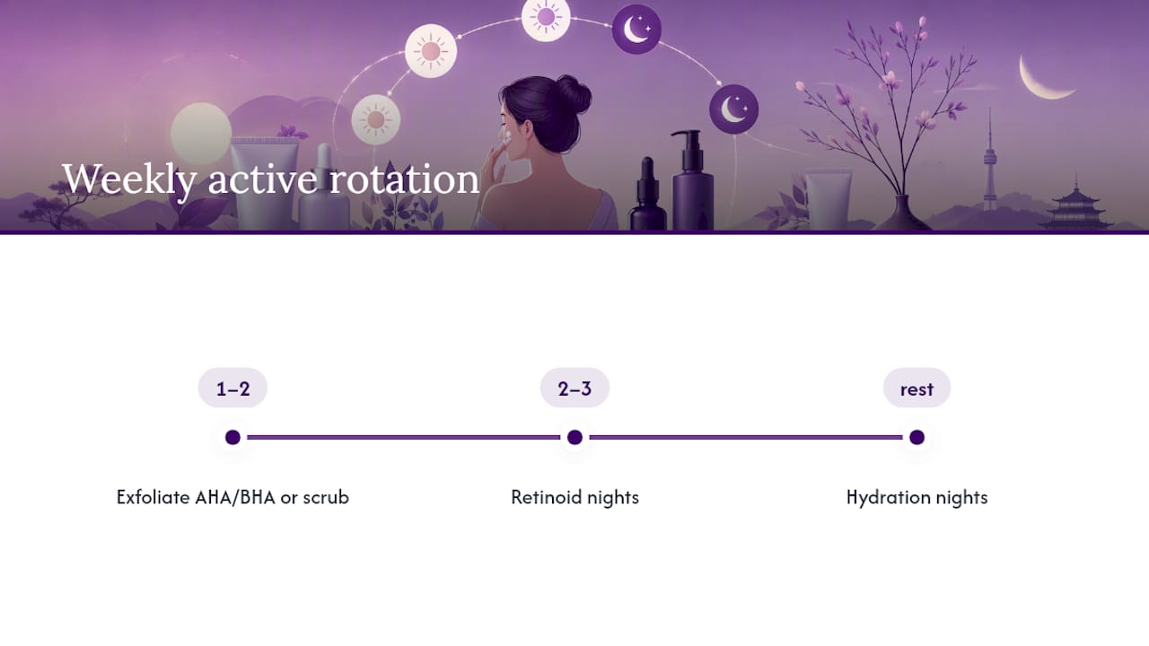 Weekly exfoliation and retinoid rotation