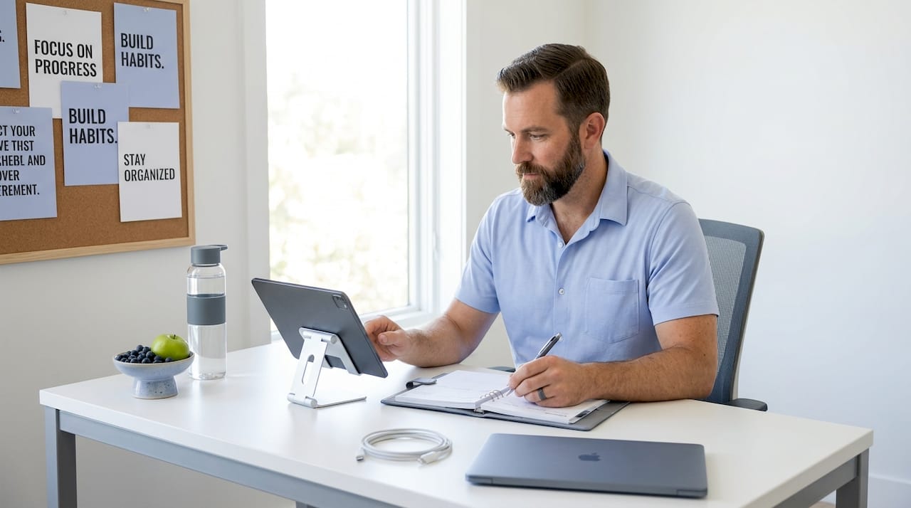 Man planning remote work day at kitchen table