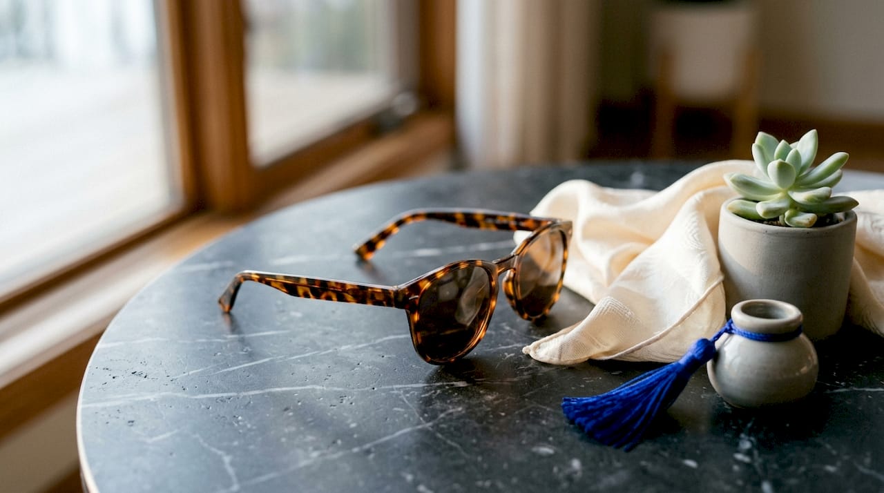 Close-up of brown tortoiseshell sunglasses on wood
